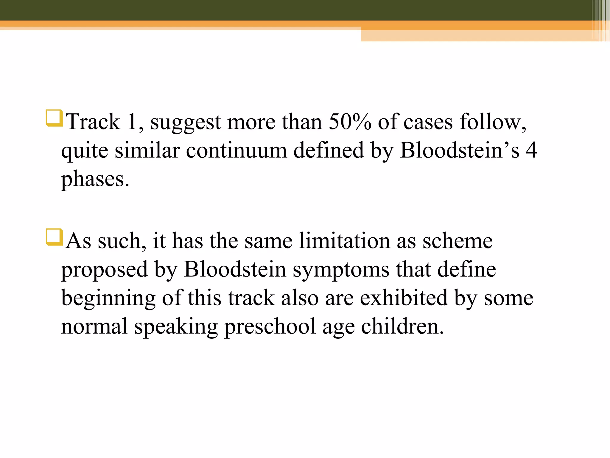 Track 1, suggest more than 50% of cases follow,
quite similar continuum defined by Bloodstein’s 4
phases.
As such, it has the same limitation as scheme
proposed by Bloodstein symptoms that define
beginning of this track also are exhibited by some
normal speaking preschool age children.
 