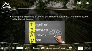 This project has received funding
from the European Union’s
Seventh Framework Programme
for research, technological
development and demostration
under grant agreement no 604129
intento
• Sviluppare macchine e	sistemi per	rendere automatizzato e	interattivo
nella filiera il lavoro
1
 