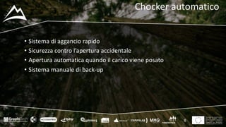 This project has received funding
from the European Union’s
Seventh Framework Programme
for research, technological
development and demostration
under grant agreement no 604129
Chocker automatico
• Sistema	di	aggancio	rapido
• Sicurezza	contro	l’apertura	accidentale
• Apertura	automatica	quando	il	carico	viene	posato
• Sistema	manuale	di	back-up
8
 