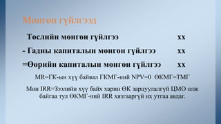 Төслийн мөнгөн гүйлгээ хх
- Гадны капиталын мөнгөн гүйлгээ хх
=Өөрийн капиталын мөнгөн гүйлгээ хх
МR=ГК-ын хүү байвал ГКМГ-ний NPV=0 ӨКМГ=ТМГ
Мөн IRR=Зээлийн хүү байх харин ӨК зарцуулалгүй ЦМО олж
байгаа тул ӨКМГ-ний IRR хязгааргүй их утгаа авдаг.
Мөнгөн гүйлгээд
 