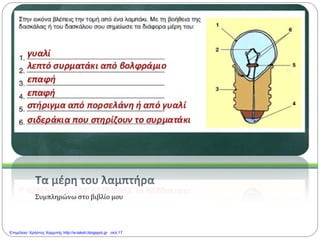Τα μέρη του λαμπτήρα
Συμπληρώνω στο βιβλίο μου
Επιμέλεια: Χρήστος Χαρμπής http://e-taksh.blogspot.gr σελ.17
 