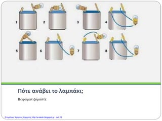 Πότε ανάβει το λαμπάκι;
Πειραματιζόμαστε
Επιμέλεια: Χρήστος Χαρμπής http://e-taksh.blogspot.gr σελ.19
 