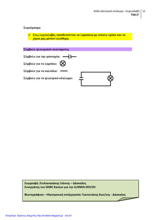 Απλό ηλεκτρικό κφκλωμα - Λυχνιολαβή
Τάξη Ε΄
11
΢ςμπέπαζμα
 ΢ηιρ λςσνιολαβέρ ηοποθεηούνηαι ηα λαμπάκια με εύκολο ηπόπο και ηα
σέπια μαρ μένοςν ελεύθεπα.
΢ύμβολα ηλεκηπικού κςκλώμαηορ
΢ύμβολο για ηην μπαηαπία:
΢ύμβολο για ηο λαμπάκι:
΢ύμβολο για ηα καλώδια:
΢ύμβολο για ηο ηλεκηπικό κύκλυμα:
Συγγραφή: Στυλιανακάκησ Γιάννησ – Δάςκαλοσ
Συνεργάτησ του ΕΚΦΕ Χανίων για την Α/ΘΜΙΑ ΕΚΠ/ΣΗ
Φωτογράφιςη – Ηλεκτρονική επεξεργαςία: Γιαννενάκησ Κων/νοσ - Δάςκαλοσ
Επιμέλεια: Χρήστος Χαρμπής http://e-taksh.blogspot.gr σελ.61
 