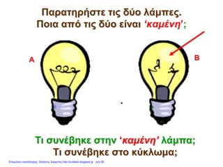 Παρατηρήστε τις δύο λάμπες.
Ποια από τις δύο είναι ‘καμένη’;
Α Β
Τι συνέβηκε στην ‘καμένη’ λάμπα;
Τι συνέβηκε στο κύκλωμα;
Επιμέλεια επανάληψης: Χρήστος Χαρμπής http://e-taksh.blogspot.gr σελ.28
 