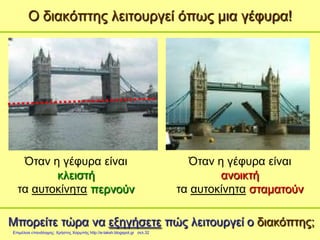 Ο διακόπτης λειτουργεί όπως μια γέφυρα!
Όταν η γέφυρα είναι
κλειστή
τα αυτοκίνητα περνούν
Μπορείτε τώρα να εξηγήσετε πώς λειτουργεί ο διακόπτης;
Όταν η γέφυρα είναι
ανοικτή
τα αυτοκίνητα σταματούν
Επιμέλεια επανάληψης: Χρήστος Χαρμπής http://e-taksh.blogspot.gr σελ.32
 
