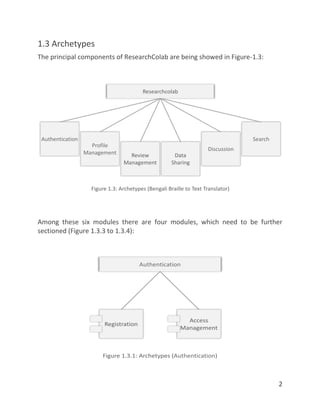 2
1.3 Archetypes
The principal components of ResearchColab are being showed in Figure-1.3:
Among these six modules there are four modules, which need to be further
sectioned (Figure 1.3.3 to 1.3.4):
 