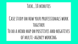 Task…10minutes
Casestudyonhowyourprofessionalswork
together
Todoamindmaponpositivesandnegatives
ofmulti-agencyworking
 