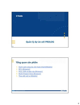 6
Quản lý dự án với PROLOG
11
Tổng quan sản phẩm
1. Danh sách công tác cần hoàn thành(Mobile)
2. RFI’s (Browser)
3. PCO, COR và Báo cáo (Browser)
4. Multi-Project View (Browser)
5. Theo dõi vật tư (Mobile)
 