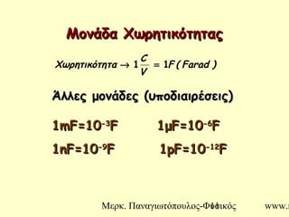 Μερκ. Παναγιωτόπουλος-Φυσικός www.m11
Μονάδα ΧωρητικότηταςΜονάδα Χωρητικότητας
)Farad(F
V
C
ταΧωρητικότη 11 =→
Άλλες μονάδες (υποδιαιρέσεις)Άλλες μονάδες (υποδιαιρέσεις)
11mF=10mF=10-3-3
F 1F 1μμF=10F=10-6-6
FF
1nF=101nF=10-9-9
F 1pF=10F 1pF=10-12-12
FF
 