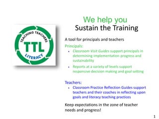We help you
Sustain the Training
A tool for principals and teachers
Principals:
Classroom Visit Guides support principals in
determining implementation progress and
sustainability
Reports at a variety of levels support
responsive decision making and goal setting
Teachers:
Classroom Practice Reflection Guides support
teachers and their coaches in reflecting upon
goals and literacy teaching practices
Keep expectations in the zone of teacher
needs and progress!
1
 