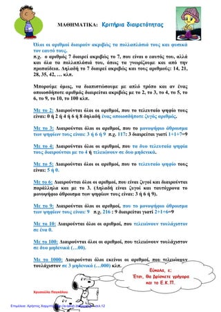 Χρυσούλα Παγκάλου
ΜΑΘΗΜΑΤΙΚΑ: Κριτήρια διαιρετότητας
Όλοι οι αριθμοί διαιρούν ακριβώς τα πολλαπλάσιά τους και φυσικά
τον εαυτό τους.
π.χ. ο αριθμός 7 διαιρεί ακριβώς το 7, που είναι ο εαυτός του, αλλά
και όλα τα πολλαπλάσιά του, όπως τα γνωρίζουμε και από την
προπαίδεια. Δηλαδή το 7 διαιρεί ακριβώς και τους αριθμούς: 14, 21,
28, 35, 42, … κλπ.
Μπορούμε όμως, να διαπιστώσουμε με απλό τρόπο και αν ένας
οποιοσδήποτε αριθμός διαιρείται ακριβώς με το 2, το 3, το 4, το 5, το
6, το 9, το 10, το 100 κλπ.
Με το 2: Διαιρούνται όλοι οι αριθμοί, που το τελευταίο ψηφίο τους
είναι: 0 ή 2 ή 4 ή 6 ή 8 δηλαδή ένας οποιοσδήποτε ζυγός αριθμός.
Με το 3: Διαιρούνται όλοι οι αριθμοί, που το μονοψήφιο άθροισμα
των ψηφίων τους είναι: 3 ή 6 ή 9 π.χ. 117: 3 διαιρείται γιατί 1+1+7=9
Με το 4: Διαιρούνται όλοι οι αριθμοί, που τα δυο τελευταία ψηφία
τους διαιρούνται με το 4 ή τελειώνουν σε δυο μηδενικά.
Με το 5: Διαιρούνται όλοι οι αριθμοί, που το τελευταίο ψηφίο τους
είναι: 5 ή 0.
Με το 6: Διαιρούνται όλοι οι αριθμοί, που είναι ζυγοί και διαιρούνται
παράλληλα και με το 3. (Δηλαδή είναι ζυγοί και ταυτόχρονα το
μονοψήφιο άθροισμα των ψηφίων τους είναι: 3 ή 6 ή 9).
Με το 9: Διαιρούνται όλοι οι αριθμοί, που το μονοψήφιο άθροισμα
των ψηφίων τους είναι: 9 π.χ. 216 : 9 διαιρείται γιατί 2+1+6=9
Με το 10: Διαιρούνται όλοι οι αριθμοί, που τελειώνουν τουλάχιστον
σε ένα 0.
Με το 100: Διαιρούνται όλοι οι αριθμοί, που τελειώνουν τουλάχιστον
σε δυο μηδενικά (…00).
Με το 1000: Διαιρούνται όλοι εκείνοι οι αριθμοί, που τελειώνουν
τουλάχιστον σε 3 μηδενικά (…000) κλπ.
Εύκολα, ε;
Έτσι, θα βρίσκετε γρήγορα
και το Ε.Κ.Π.
Επιμέλεια: Χρήστος Χαρμπής http://e-taksh.blogspot.gr σελ.12
 