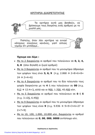 Χαράλαμπος Δ. Δημόπουλος
ΚΡΙΤΗΡΙΑ ΔΙΑΙΡΕΤΟΤΗΤΑΣ
Έχουμε και λέμε :
 Με το 2 διαιρούνται οι αριθμοί που τελειώνουν σε 0, 2, 4,
6, 8 (όλοι δηλαδή οι ζυγοί αριθμοί)
 Με το 3 διαιρούνται οι αριθμοί που το μονοψήφιο άθροισμα
των ψηφίων τους είναι 3, 6, 9 (π.χ. 2.868  2+8+6+8=
24  2+4=6)
 Με το 4 διαιρούνται οι αριθμοί που τα δύο τελευταία τους
ψηφία διαιρούνται με το 4 ή που τελειώνουν σε 00 (π.χ.
612  12:4=3, αλλά και οι 900, 1.200, 45.600 κλπ.
 Με το 5 διαιρούνται οι αριθμοί που τελειώνουν σε 0 ή 5
(π.χ. 3.125, 6.450)
 Με το 9 διαιρούνται οι αριθμοί που το μονοψήφιο άθροισμα
των ψηφίων τους είναι 9 (π.χ. 9.936  9+9+3+6=27 
2+7=9)
 Με το 10, 100, 1.000, 10.000 κλπ. διαιρούνται οι αριθμοί
που τελειώνουν σε 0, 00, 000, 0000 αντίστοιχα κλπ.
Πιστεύω, όταν λέει κριτήρια να εννοεί
κάποιους εύκολους κανόνες, γιατί αλλιώς
νομίζω ότι μπλέξαμε…
Τα κριτήρια αυτά μας βοηθούν, να
βρίσκουμε τους διαιρέτες ενός αριθμού με το
μυαλό μας.
Επιμέλεια: Χρήστος Χαρμπής http://e-taksh.blogspot.gr σελ.13
 