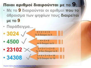 Ποιοι αριθμοί διαιρούνται με το 9;
• Με το 9 διαιρούνται οι αριθμοί που το
άθροισμα των ψηφίων τους διαιρείται
με το 9
• Παράδειγμα...
• 3024
• 4500
• 23102
• 34308
3 + 2 + 4 = 9
Το 9 διαιρεί το 9
4 + 5 = 9
το 9 διαιρεί το 9
3 + 4 + 3 + 8 = 18
Το 9 διαιρεί το 18
2 + 3 + 1 + 2 = 8
Το 9 δεν διαιρεί το 8
Επιμέλεια: Χρήστος Χαρμπής http://e-taksh.blogspot.gr σελ.25
 