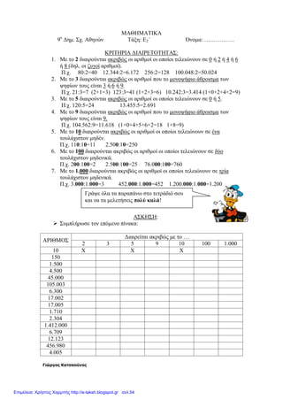 ΜΑΘΗΜΑΤΙΚΑ
9ο
Δημ. Σχ. Αθηνών Τάξη: Ε2΄ Όνομα: …………….
ΚΡΙΤΗΡΙΑ ΔΙΑΙΡΕΤΟΤΗΤΑΣ:
1. Με το 2 διαιρούνται ακριβώς οι αριθμοί οι οποίοι τελειώνουν σε 0 ή 2 ή 4 ή 6
ή 8 (δηλ. οι ζυγοί αριθμοί).
Π.χ. 80:2=40 12.344:2=6.172 256:2=128 100.048:2=50.024
2. Με το 3 διαιρούνται ακριβώς οι αριθμοί που το μονοψήφιο άθροισμα των
ψηφίων τους είναι 3 ή 6 ή 9.
Π.χ. 21:3=7 (2+1=3) 123:3=41 (1+2+3=6) 10.242:3=3.414 (1+0+2+4+2=9)
3. Με το 5 διαιρούνται ακριβώς οι αριθμοί οι οποίοι τελειώνουν σε 0 ή 5.
Π.χ. 120:5=24 13.455:5=2.691
4. Με το 9 διαιρούνται ακριβώς οι αριθμοί που το μονοψήφιο άθροισμα των
ψηφίων τους είναι 9.
Π.χ. 104.562:9=11.618 (1+0+4+5+6+2=18 1+8=9)
5. Με το 10 διαιρούνται ακριβώς οι αριθμοί οι οποίοι τελειώνουν σε ένα
τουλάχιστον μηδέν.
Π.χ. 110:10=11 2.500:10=250
6. Με το 100 διαιρούνται ακριβώς οι αριθμοί οι οποίοι τελειώνουν σε δύο
τουλάχιστον μηδενικά.
Π.χ. 200:100=2 2.500:100=25 76.000:100=760
7. Με το 1.000 διαιρούνται ακριβώς οι αριθμοί οι οποίοι τελειώνουν σε τρία
τουλάχιστον μηδενικά.
Π.χ. 3.000:1.000=3 452.000:1.000=452 1.200.000:1.000=1.200
ΑΣΚΗΣΗ:
 Συμπλήρωσε τον επόμενο πίνακα:
ΑΡΙΘΜΟΣ
Διαιρείται ακριβώς με το …
2 3 5 9 10 100 1.000
10 Χ Χ Χ
150
1.500
4.500
45.000
105.003
6.300
17.002
17.005
1.710
2.304
1.412.000
6.709
12.123
456.980
4.005
Γιώργος Κατσαούνος
Γράψε όλα τα παραπάνω στο τετράδιό σου
και να τα μελετήσεις πολύ καλά!
Επιμέλεια: Χρήστος Χαρμπής http://e-taksh.blogspot.gr σελ.54
 
