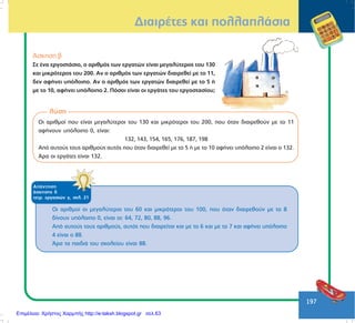 197
ÄéáéñÝôåò êáé ðïëëáðëÜóéá
¢óêçóç â
Óå Ýíá åñãïóôÜóéï, ï áñéèìüò ôùí åñãáôþí åßíáé ìåãáëýôåñïò ôïõ 130
êáé ìéêñüôåñïò ôïõ 200. Áí ï áñéèìüò ôùí åñãáôþí äéáéñåèåß ìå ôï 11,
äåí áöÞíåé õðüëïéðï. Áí ï áñéèìüò ôùí åñãáôþí äéáéñåèåß ìå ôï 5 Þ
ìå ôï 10, áöÞíåé õðüëïéðï 2. Ðüóïé åßíáé ïé åñãÜôåò ôïõ åñãïóôáóßïõ;
ëýóç
Ïé áñéèìïß ðïõ åßíáé ìåãáëýôåñïé ôïõ 130 êáé ìéêñüôåñïé ôïõ 200, ðïõ üôáí äéáéñåèïýí ìå ôï 11
áöÞíïõí õðüëïéðï 0, åßíáé:
132, 143, 154, 165, 176, 187, 198
Áðü áõôïýò ôïõò áñéèìïýò áõôüò ðïõ üôáí äéáéñåèåß ìå ôï 5 Þ ìå ôï 10 áöÞíåé õðüëïéðï 2 åßíáé ï 132.
¢ñá ïé åñãÜôåò åßíáé 132.
ÁðÜíôçóç
Üóêçóçò ä
ôåôñ. åñãáóéþí ã, óåë. 21
Ïé áñéèìïß ïé ìåãáëýôåñïé ôïõ 60 êáé ìéêñüôåñïé ôïõ 100, ðïõ üôáí äéáéñåèïýí ìå ôï 8
äßíïõí õðüëïéðï 0, åßíáé ïé: 64, 72, 80, 88, 96.
Áðü áõôïýò ôïõò áñéèìïýò, áõôüò ðïõ äéáéñåßôáé êáé ìå ôï 6 êáé ìå ôï 7 êáé áöÞíåé õðüëïéðï
4 åßíáé ï 88.
¢ñá ôá ðáéäéÜ ôïõ ó÷ïëåßïõ åßíáé 88.
Επιμέλεια: Χρήστος Χαρμπής http://e-taksh.blogspot.gr σελ.63
 