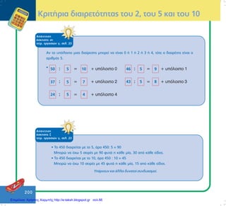 200
ÁðÜíôçóç
Üóêçóçò æ
ôåôñ. åñãáóéþí ã, óåë. 23
ÊñéôÞñéá äéáéñåôüôçôáò ôïõ 2, ôïõ 5 êáé ôïõ 10
Áí ôï õðüëïéðï ìéáò äéáßñåóçò ìðïñåß íá åßíáé 0 Þ 1 Þ 2 Þ 3 Þ 4, ôüôå ï äéáéñÝôçò åßíáé ï
áñéèìüò 5.
•
ÁðÜíôçóç
Üóêçóçò óô
ôåôñ. åñãáóéþí ã, óåë. 23
• To 450 äéáéñåßôáé ìå ôï 5, Üñá 450: 5 = 90
Ìðïñþ íá Ý÷ù 5 óåéñÝò ìå 90 öõôÜ ç êÜèå ìßá, 30 áðü êÜèå åßäïò.
• Ôï 450 äéáéñåßôáé ìå ôï 10, Üñá 450 : 10 = 45
Ìðïñþ íá Ý÷ù 10 óåéñÝò ìå 45 öõôÜ ç êÜèå ìßá, 15 áðü êÜèå åßäïò.
ÕðÜñ÷ïõí êáé Üëëïé äõíáôïß óõíäõáóìïß.
Επιμέλεια: Χρήστος Χαρμπής http://e-taksh.blogspot.gr σελ.66
 
