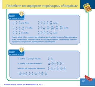 207
ÁðÜíôçóç
Üóêçóçò ä
ôåôñ. åñãáóéþí ã, óåë. 26
•
1 2 3
3 7 10
+ = åßíáé ëÜèïò
1 2 7 6 13
3 7 21 21 21
+ = + = óùóôü.
• 1 2 7 10
3 7 10 20
+ + = åßíáé ëÜèïò
1 2 7 70 60 147 277
3 7 10 210 210 210 210
+ + = + + = óùóôü
•
5 3 2
6 4 2
− = åßíáé ëÜèïò
5 3 10 9 1
6 4 12 12 12
− = − = óùóôü
ÕðÜñ÷åé ëÜèïò, äéüôé ç áöáßñåóç äýï êëáóìÜôùí ãßíåôáé ìåôáôñÝðïíôáò ôá êëÜóìáôá óå ïìþíõ-
ìá êáé ü÷é áöáéñþíôáò ôïõò áñéèìçôÝò ãéá íá ðñïêýøåé ï áñéèìçôÞò êáé áöáéñþíôáò ôïõò ðáñï-
íïìáóôÝò ãéá íá ðñïêýøåé ï ðáñïíïìáóôÞò ôïõ áðïôåëÝóìáôïò.
ÁðÜíôçóç
Üóêçóçò å
ôåôñ. åñãáóéþí ã, óåë. 27
1ç åðéëïãÞ ìå ãñÞãïñç åêôßìçóç:
1 1
4 18
+
2ç åðéëïãÞ ìå áêñéâÞ õðïëïãéóìü:
2 4 1 4 5
1
14 7 7 7 7
+ = + = <
Ðñïôåßíù ôñßá äéáöïñåôéêÜ áèñïßóìáôá:
2 1 1 5 8 12
, ,
9 18 3 12 21 35
+ + +
•
9 2 1 2 3 1 3 12 3
, ,
20 5 20 5 10 10 7 35 35
− = − = − =
Ðñüóèåóç êáé áöáßñåóç åôåñþíõìùí êëáóìÜôùí
Επιμέλεια: Χρήστος Χαρμπής http://e-taksh.blogspot.gr σελ.73
 