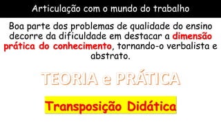 Articulação com o mundo do trabalho
Boa parte dos problemas de qualidade do ensino
decorre da dificuldade em destacar a dimensão
prática do conhecimento, tornando-o verbalista e
abstrato.
Transposição Didática
 