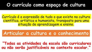 O currículo como espaço de cultura
Currículo é a expressão de tudo o que existe na cultura
científica, artística e humanista, transposto para uma
situação de aprendizagem e ensino.
“Todas as atividades da escola são curriculares
ou não serão justificáveis no contexto escolar.”
 