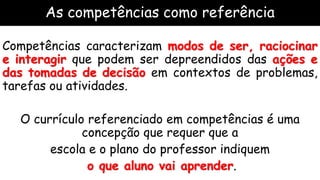 As competências como referência
Competências caracterizam modos de ser, raciocinar
e interagir que podem ser depreendidos das ações e
das tomadas de decisão em contextos de problemas,
tarefas ou atividades.
O currículo referenciado em competências é uma
concepção que requer que a
escola e o plano do professor indiquem
o que aluno vai aprender.
 