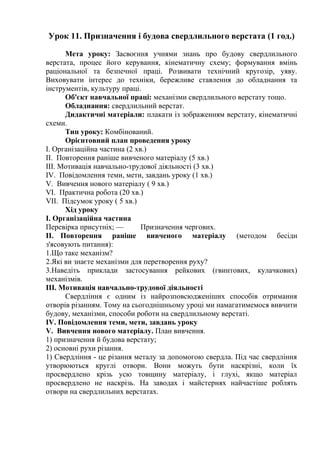 Урок 11. Призначення і будова свердлильного верстата (1 год.)
Мета уроку: Засвоєння учнями знань про будову свердлильного
верстата, процес його керування, кінематичну схему; формування вмінь
раціональної та безпечної праці. Розвивати технічний кругозір, уяву.
Виховувати інтерес до техніки, бережливе ставлення до обладнання та
інструментів, культуру праці.
Об'єкт навчальної праці: механізми свердлильного верстату тощо.
Обладнання: свердлильний верстат.
Дидактичні матеріали: плакати із зображенням верстату, кінематичні
схеми.
Тип уроку: Комбінований.
Орієнтовний план проведення уроку
I. Організаційна частина (2 хв.)
II. Повторення раніше вивченого матеріалу (5 хв.)
III. Мотивація навчально-трудової діяльності (3 хв.)
IV. Повідомлення теми, мети, завдань уроку (1 хв.)
V. Вивчення нового матеріалу ( 9 хв.)
VI. Практична робота (20 хв.)
VII. Підсумок уроку ( 5 хв.)
Хід уроку
I. Організаційна частина
Перевірка присутніх; — Призначення чергових.
II. Повторення раніше вивченого матеріалу (методом бесіди
з'ясовують питання):
1.Що таке механізм?
2.Які ви знаєте механізми для перетворення руху?
3.Наведіть приклади застосування рейкових (гвинтових, кулачкових)
механізмів.
ІІІ. Мотивація навчально-трудової діяльності
Свердління є одним із найрозповсюдженіших способів отримання
отворів різанням. Тому на сьогоднішньому уроці ми намагатимемося вивчити
будову, механізми, способи роботи на свердлильному верстаті.
IV. Повідомлення теми, мети, завдань уроку
V. Вивчення нового матеріалу. План вивчення.
1) призначення й будова верстату;
2) основні рухи різання.
1) Свердління - це різання металу за допомогою свердла. Під час свердління
утворюються круглі отвори. Вони можуть бути наскрізні, коли їх
просвердлено крізь усю товщину матеріалу, і глухі, якщо матеріал
просвердлено не наскрізь. На заводах і майстернях найчастіше роблять
отвори на свердлильних верстатах.
 