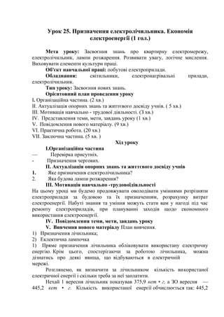 Урок 25. Призначення електролічильника. Економія
електроенергії (1 гол.)
Мета уроку: Засвоєння знань про квартирну електромережу,
електролічильник, лампи розжарення. Розвивати увагу, логічне мислення.
Виховувати елементи культури праці.
Об'єкт навчальної праці: побутові електроприлади.
Обладнання: світильники, електронагрівальні прилади,
електролічильник.
Тип уроку: Засвоєння нових знань.
Орієнтовний план проведення уроку
I. Організаційна частина. (2 хв.)
II. Актуалізація опорних знань та життєвого досвіду учнів. ( 5 хв.)
III. Мотивація навчально - трудової діяльності. (З хв.)
IV. Представлення теми, мети, завдань уроку (1 хв.)
V. Повідомлення нового матеріалу. (9 хв.)
VI. Практична робота. (20 хв.)
VII. Заключна частина. (5 хв. )
Хід уроку
І.Організаційна частина
— Перевірка присутніх.
- Призначення чергових.
II. Актуалізація опорних знань та життєвого досвіду учнів
1. Яке призначення електролічильника?
2. Яка будова лампи розжарення?
III. Мотивація навчально -трудовоїдіяльності
На цьому уроці ми будемо продовжувати оволодівати уміннями розрізняти
електроприлади за будовою та їх призначенням, розрахунку витрат
електроенергії. Набуті знання та уміння можуть стати вам у нагоді під час
ремонту електроприладів, при плануванні заходів щодо економного
використання електроенергії.
IV. Повідомлення теми, мети, завдань уроку
V. Вивчення нового матеріалу План вивчення.
1) Призначення лічильника;
2) Еклектична лампочка
1) Пряме призначення лічильника обліковувати використану електричну
енергію. Крім цього, спостерігаючи за роботою лічильника, можна
дізнатись про деякі явища, що відбуваються в електричній
мережі.
Розглянемо, як визначити за лічильником кількість використаної
електричної енергії і скільки треба за неї заплатити.
Нехай 1 вересня лічильник показував 375,9 кет • г, а ЗО вересня —
445,2 кет • г. Кількість використаної енергії обчислюється так: 445,2
 