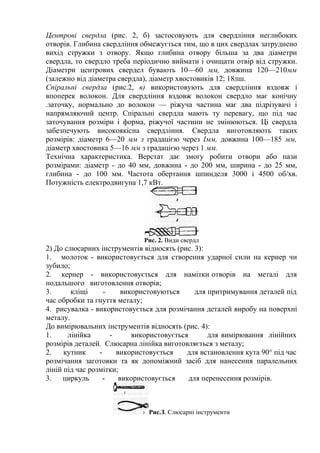 Центрові свердла (рис. 2, б) застосовують для свердління неглибоких
отворів. Глибина свердління обмежується тим, що в цих свердлах затруднено
вихід стружки з отвору. Якщо глибина отвору більша за два діаметри
свердла, то свердло треба періодично виймати і очищати отвір від стружки.
Діаметри центрових свердел бувають 10—60 мм, довжина 120—210мм
(залежно від діаметра свердла), діаметр хвостовиків 12; 18лш.
Спіральні свердла (рис.2, в) використовують для свердління вздовж і
впоперек волокон. Для свердління вздовж волокон свердло має конічну
.заточку, нормально до волокон — ріжуча частина має два підрізувачі і
напрямляючий центр. Спіральні свердла мають ту перевагу, що під час
заточування розміри і форма, ріжучої частини не змінюються. Ці свердла
забезпечують високоякісна свердління. Свердла виготовляють таких
розмірів: діаметр 6—20 мм з градацією через Імм, довжина 100—185 мм,
діаметр хвостовика 5—16 мм з градацією через 1 мм.
Технічна характеристика. Верстат дає змогу робити отвори або пази
розмірами: діаметр - до 40 мм, довжина - до 200 мм, ширина - до 25 мм,
глибина - до 100 мм. Частота обертання шпинделя 3000 і 4500 об/хв.
Потужність електродвигуна 1,7 кВт.
Рис. 2. Види свердл
2) До слюсарних інструментів відносять (рис. 3):
1. молоток - використовується для створення ударної сили на кернер чи
зубило;
2. кернер - використовується для намітки отворів на металі для
подальшого виготовлення отворів;
3. кліщі - використовуються для притримування деталей під
час обробки та гнуття металу;
4. рисувалка - використовується для розмічання деталей виробу на поверхні
металу.
До вимірювальних інструментів відносять (рис. 4):
1. лінійка - використовується для вимірювання лінійних
розмірів деталей. Слюсарна лінійка виготовляється з металу;
2. кутник - використовується для встановлення кута 90° під час
розмічання заготовки та як допоміжний засіб для нанесення паралельних
ліній під час розмітки;
3. циркуль - використовується для перенесення розмірів.
Рис.З. Слюсарні інструменти
 