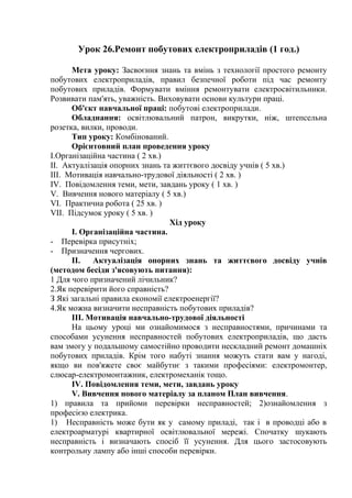 Урок 26.Ремонт побутових електроприладів (1 год.)
Мета уроку: Засвоєння знань та вмінь з технології простого ремонту
побутових електроприладів, правил безпечної роботи під час ремонту
побутових приладів. Формувати вміння ремонтувати електросвітильники.
Розвивати пам'ять, уважність. Виховувати основи культури праці.
Об'єкт навчальної праці: побутові електроприлади.
Обладнання: освітлювальний патрон, викрутки, ніж, штепсельна
розетка, вилки, проводи.
Тип уроку: Комбінований.
Орієнтовний план проведення уроку
І.Організаційна частина ( 2 хв.)
II. Актуалізація опорних знань та життєвого досвіду учнів ( 5 хв.)
III. Мотивація навчально-трудової діяльності ( 2 хв. )
IV. Повідомлення теми, мети, завдань уроку ( 1 хв. )
V. Вивчення нового матеріалу ( 5 хв.)
VI. Практична робота ( 25 хв. )
VII. Підсумок уроку ( 5 хв. )
Хід уроку
І. Організаційна частина.
- Перевірка присутніх;
- Призначення чергових.
II. Актуалізація опорних знань та життєвого досвіду учнів
(методом бесіди з'ясовують питання):
1 Для чого призначений лічильник?
2.Як перевірити його справність?
З Які загальні правила економії електроенергії?
4.Як можна визначити несправність побутових приладів?
III. Мотивація навчально-трудової діяльності
На цьому уроці ми ознайомимося з несправностями, причинами та
способами усунення несправностей побутових електроприладів, що дасть
вам змогу у подальшому самостійно проводити нескладний ремонт домашніх
побутових приладів. Крім того набуті знання можуть стати вам у нагоді,
якщо ви пов'яжете своє майбутнє з такими професіями: електромонтер,
слюсар-електромонтажник, електромеханік тощо.
IV. Повідомлення теми, мети, завдань уроку
V. Вивчення нового матеріалу за планом План вивчення.
1) правила та прийоми перевірки несправностей; 2)ознайомлення з
професією електрика.
1) Несправність може бути як у самому приладі, так і в проводці або в
електроарматурі квартирної освітлювальної мережі. Спочатку шукають
несправність і визначають спосіб її усунення. Для цього застосовують
контрольну лампу або інші способи перевірки.
 