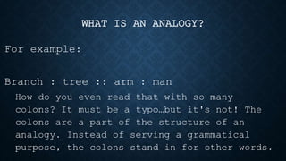 WHAT IS AN ANALOGY?
For example:
Branch : tree :: arm : man
How do you even read that with so many
colons? It must be a typo…but it's not! The
colons are a part of the structure of an
analogy. Instead of serving a grammatical
purpose, the colons stand in for other words.
 