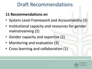 Draft Recommendations
11 Recommendations on
• System Level Framework and Accountability (3)
• Institutional capacity and resources for gender
mainstreaming (2)
• Gender capacity and expertise (2)
• Monitoring and evaluation (3)
• Cross learning and collaboration (1)
 