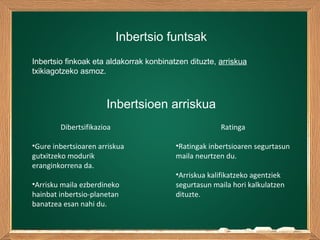 Inbertsio funtsak
Inbertsio finkoak eta aldakorrak konbinatzen dituzte, arriskua
txikiagotzeko asmoz.
Inbertsioen arriskua
Dibertsifikazioa
•Gure inbertsioaren arriskua
gutxitzeko modurik
eranginkorrena da.
•Arrisku maila ezberdineko
hainbat inbertsio-planetan
banatzea esan nahi du.
Ratinga
•Ratingak inbertsioaren segurtasun
maila neurtzen du.
•Arriskua kalifikatzeko agentziek
segurtasun maila hori kalkulatzen
dituzte.
 