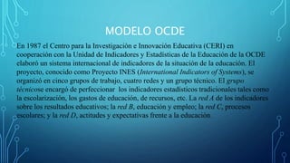 MODELO OCDE
En 1987 el Centro para la Investigación e Innovación Educativa (CERI) en
cooperación con la Unidad de Indicadores y Estadísticas de la Educación de la OCDE
elaboró un sistema internacional de indicadores de la situación de la educación. El
proyecto, conocido como Proyecto INES (International Indicators of Systems), se
organizó en cinco grupos de trabajo, cuatro redes y un grupo técnico. El grupo
técnicose encargó de perfeccionar los indicadores estadísticos tradicionales tales como
la escolarización, los gastos de educación, de recursos, etc. La red A de los indicadores
sobre los resultados educativos; la red B, educación y empleo; la red C, procesos
escolares; y la red D, actitudes y expectativas frente a la educación.
 