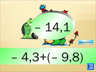 – 4,3+(– 9,8)
– 14,1
Перевірити
 