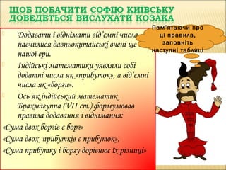  Додавати і віднімати від’ємні числа
навчилися давньокитайські вчені ще до
нашої ери.
 Індійські математики уявляли собі
додатні числа як «прибуток», а від’ємні
числа як «борги».
 Ось як індійський математик
Брахмагуппа (VII ст.) формулював
правила додавання і віднімання:
«Сума двох боргів є борг»
«Сума двох прибутків є прибуток»,
«Сума прибутку і боргу дорівнює їх різниці»
Пам’ятаючи про
ці правила,
заповніть
наступні таблиці
 