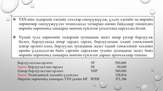  ҮХХ-ийн тодорхой хэсгийг зээлээр санхүүжүүлж, үлдэх хэсгийг нь өөрийн
хөрөнгөөр санхүүжүүлэх тохиолдолд татварын өмнөх байдлаар тооцогдох
өөрийн хөрөнгөнд хамаарах мөнгөн гүйлгээг үнэлгээнд харгалзах ёстой.
 Үүний тулд хөрөнгийг тодорхой хугацааны эцэст ямар үнээр борлуулж
болох, борлуулахад ямар зардал гаргах, борлуулснаас хэдий хэмжээний
цэвэр орлого олох, борлуулах хугацааны эцэст хэдий хэмжээний зээлийн
өрийн үлдэгдэлтэй байх зэргийг харгалзан тухайн хугацааны эцэст байх
өөрийн хөрөнгөнд хамаарах мөнгөн гүйлгээг дараах аргачлалаар тооцно.
Борлуулалтын орлого SP 550,000
Хасах: Борлуулалтын зардал SE -50,000
Цэвэр борлуулалтын орлого NSP 500,000
Хасах: Төлөгдөөгүй зээлийн үлдэгдэл 128,814
Өөрийн хөрөнгөнд хамаарах ТТӨ үеийн МГ BTER 371,186
 