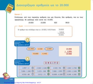 230
230
¢óêçóç 2
ÅðéëÝãïõìå, áðü ôïõò ðáñáêÜôù áñéèìïýò ðïõ ìáò äßíïíôáé, äýï áñéèìïýò, ðïõ áí ôïõò
áöáéñÝóïõìå, èá öôÜóïõìå ðïëý êïíôÜ óôï 10.000.
19.920 10.000 920 9919
Ïé áñéèìïß ðïõ åðéëÝîáìå åßíáé ïé: 19.920, 9.919 äéüôé:
Ëýóç
ÁðÜíôçóç óôçí
Üóêçóç 4
ôåôñ. åñãáóéþí ã, óåë. 24
ÁðÜíôçóç óôçí
Üóêçóç 5
ôåôñ. åñãáóéþí ã, óåë. 25
Äéá÷åéñßæïìáé áñéèìïýò ùò ôï 20.000
19.920
– 9.919
10.001
Επιμέλεια: Χρήστος Χαρμπής http://xristx.blogspot.gr σελ.21
 