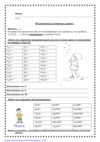 Όνοµα:
…………………………………………………………………………………………………
9/11/06
Πολλαπλασιάζω µε διάφορους τρόπους
Μαθαίνω…….
Οι αριθµοί που προκύπτουν από τον πολλαπλασιασµό ενός αριθµού µε τους αριθµούς
1,2,3,4,5,…… λέγονται πολλαπλάσια του αριθµού αυτού.
1.Κάνω τους παρακάτω πολλαπλασιασµούς και στη συνέχεια γράφω τα πολλαπλάσια
των αριθµών 2,5και 10.
2.Κάνω τους παρακάτω πολλαπλασιασµούς:
8χ10= 4χ100= 5χ1000=
6χ10= 45χ100= 81χ1000=
17χ10= 40χ100= 103χ1000=
83χ10= 13χ100= 7χ1000=
113χ10= 602χ100= 12χ1000=
50χ10= 75χ100= 60χ1000=
Θυµάµαι το τραγουδάκι….. Ξαναγράφω τον αριθµό και σηµειώνω στο τέλος του αντίστοιχα, ένα δύο ή τρία
µηδενικά.
5 χ 1 = 2χ 1 = 10 χ 1 =
5 χ2 = 2χ2 = 10 χ2 =
5 χ3 = 2χ3 = 10 χ3 =
5 χ4 = 2χ4 = 10 χ4 =
5 χ5 = 2χ5 = 10 χ5 =
5 χ6 = 2χ6 = 10 χ6 =
5 χ7 = 2χ7 = 10 χ7 =
5 χ8 = 2χ8 = 10 χ8 =
5 χ9 = 2χ9 = 10 χ9 =
5 χ10 = 2χ10 = 10 χ10 =
Πολλαπλάσια του 2:
Πολλαπλάσια του 5:
Πολλαπλάσια του 10:
Επιμέλεια: Χρήστος Χαρμπής http://xristx.blogspot.gr σελ.32
 