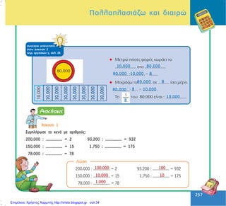 257
257
óõíÝ÷åéá áðÜíôçóçò
óôçí Üóêçóç 2
ôåôñ. åñãáóéþí ã, óåë. 34
10.000 80.000
880.000 10.000
8
80.000 8 10.000
80.000 8
10.000
¢óêçóç 1
ÓõìðëÞñùóå ôá êåíÜ ìå áñéèìïýò:
200.000 : ................ = 2 93.200 : ................ = 932
150.000 : ................ = 15 1.750 : ................ = 175
78.000 : ................ = 78
200.000 : ................ = 2 93.200 : ................ = 932
150.000 : ................ = 15 1.750 : ................ = 175
78.000 : ................ = 78
Ëýóç
100.000
10.000
1.000
100
10
ÐïëëáðëáóéÜæù êáé äéáéñþ
Επιμέλεια: Χρήστος Χαρμπής http://xristx.blogspot.gr σελ.34
 