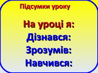 Підсумки урокуПідсумки уроку
На уроці я:На уроці я:
Дізнався:Дізнався:
Зрозумів:Зрозумів:
Навчився:Навчився:
 