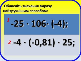Обчисліть значення виразуОбчисліть значення виразу
найзручнішим способом:найзручнішим способом:
-25-25 ·· 106106·· (-4);(-4);
-4-4 ·· (-0,81)(-0,81) ·· 25;25;
1
2
 