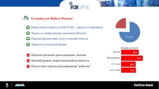 Условия для Robo в России:
Низкий уровень инвестиционной активности
Отсутствие строгого регулирования “роботов”
Падение реальных располагаемых доходов
Инвестиции в валюте (USD/EUR) - защита от инфляции
Защита от макро рисков экономики России
Переход финансовых услуг в онлайн каналы
Закрытие отделений банков
Закрытые
Онлайн услуги,%
Закрытые
Новые
 