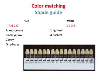 Color matching
Shade guide
Hue
A B C D
A red-brown
B red-yellow
C gray
D red-gray
Value
1 2 3 4
1 lightest
4 darkest
 