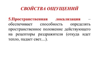 СВОЙСТВА ОЩУЩЕНИЙ
5.Пространственная локализация –
обеспечивает способность определять
пространственное положение действующего
на рецепторы раздражителя (откуда идет
тепло, падает свет....).
 