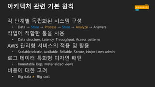 아키텍처 관련 기본 원칙
각 단계별 독립화된 시스템 구성
• Data → Store → Process → Store → Analyze → Answers
작업에 적합한 툴을 사용
• Data structure, Latency, Throughput, Access patterns
AWS 관리형 서비스의 적용 및 활용
• Scalable/elastic, Available, Reliable, Secure, No(or Low) admin
로그 데이터 특화형 디자인 패턴
• Immutable logs, Materialized views
비용에 대한 고려
• Big data ≠ Big cost
 
