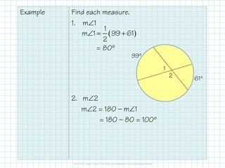 Example Find each measure.
1. m∠1
2. m∠2
m∠2 = 180 — m∠1
= 180 — 80 = 100º
99º
61º
1
2
( )∠ = +
1
m 1 99 61
2
= 80º
 