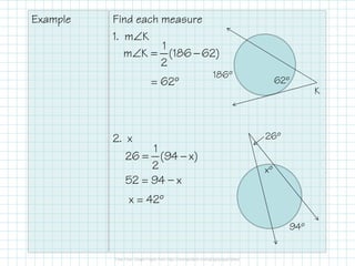 Example Find each measure
1. m∠K
2. x
186º
62º
K
26º
94º
∠ = −
1
m K (186 62)
2
= 62º
= −
1
26 (94 x)
2 xº
52 = 94 — x
x = 42º
 