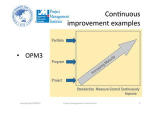 ConNnuous	
  	
  
improvement	
  examples	
  
Project	
  Management	
  Fundamentals	
   8	
  
•  OPM3	
  
Copyright@STEVBROS	
  
 
