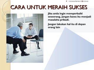 CARA UNTUK MERAIH SUKSESCARA UNTUK MERAIH SUKSES
Jika anda ingin memperbaiki
seseorang, jangan bawa itu menjadi
masalaha pribadi.
Jangan lakukan hal itu di depan
orang lain
1 2 3 4 5 6 7 8 9 10 111 2 3 4 5 6 7 8 9 10 11 1212 13 14 1513 14 15
 
