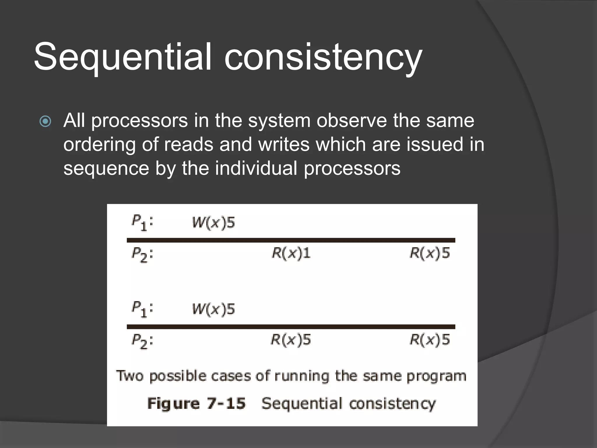 Sequential consistency
 All processors in the system observe the same
ordering of reads and writes which are issued in
sequence by the individual processors
 