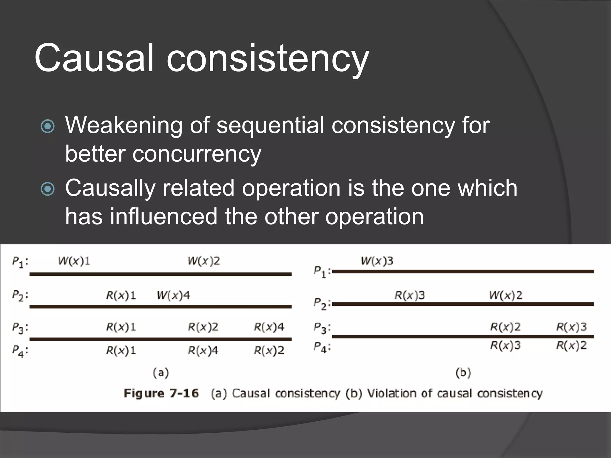 Causal consistency
 Weakening of sequential consistency for
better concurrency
 Causally related operation is the one which
has influenced the other operation
 